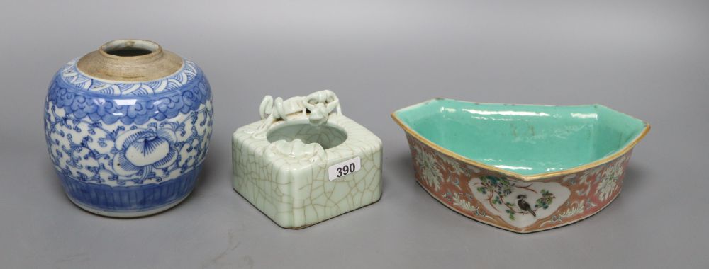 A Chinese blue and white jar, a crackleglazed dragon brush washer and an enamelled dish